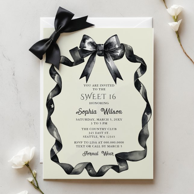 Papier Elégant Aquarelle Coquette Black Bow Sweet 16 (Budget Elegant Watercolor Coquette Black Bow Sweet 16 Invitation)