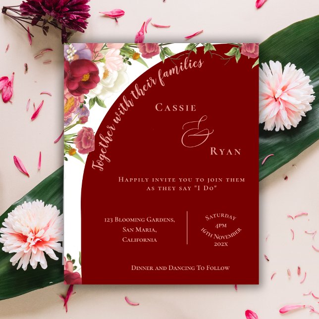 Papier Élégant arc rouge Pêche florale Faire-part de mari (Elegant Arch Red Peach Floral Wedding invitation)