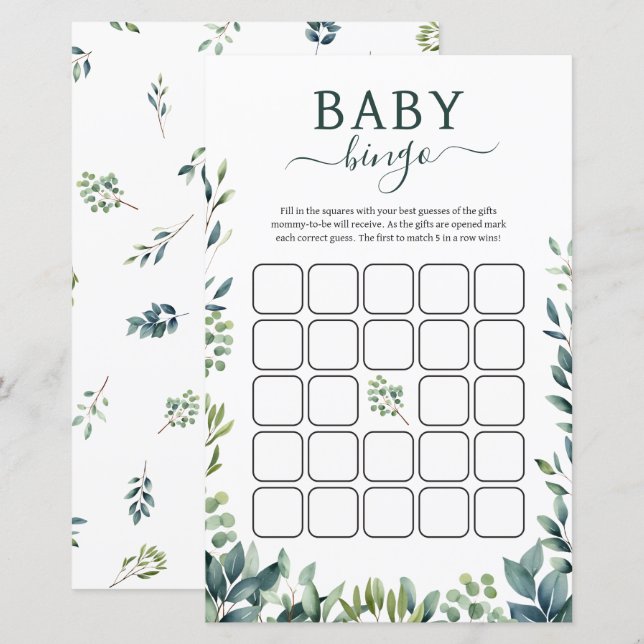 Papier Elégant Baby shower de verdure botanique Bingo Jeu (Devant / Derrière)