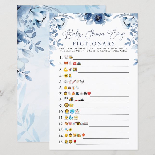 Papier Elégant Baby shower Emoji Fleurs Bleues Jeu (Devant / Derrière)