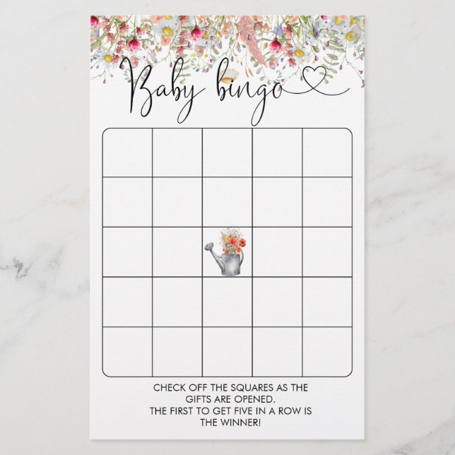 Papier Élégant Baby shower Fleur sauvage Jeu de Bingo (Devant)