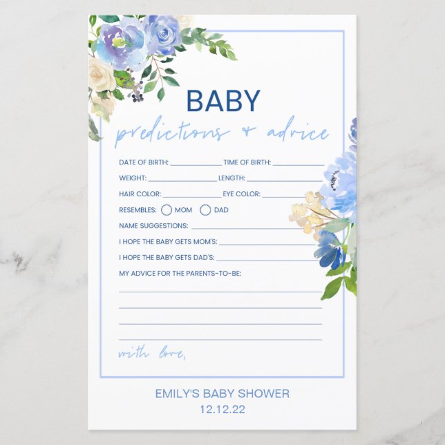 Papier Élégant Baby shower Floral Bleu Jeu imprimé, Garço (Devant)