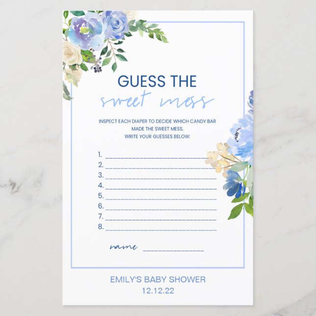 Papier Élégant Baby shower Floral Bleu Jeu imprimé, Garço (Devant)