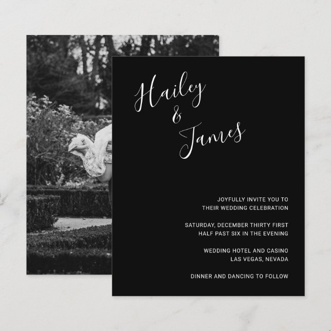 Papier Elégant Black Photo Budget Mariage Invitation (Devant / Derrière)