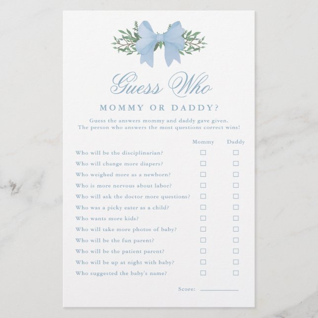 Papier Elegant Blue Bow Devine Qui Baby shower Jeu (Devant)