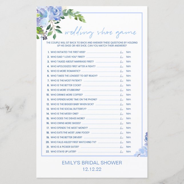 Papier Elegant Blue Floral Bridal Shower Game Printed (Devant)