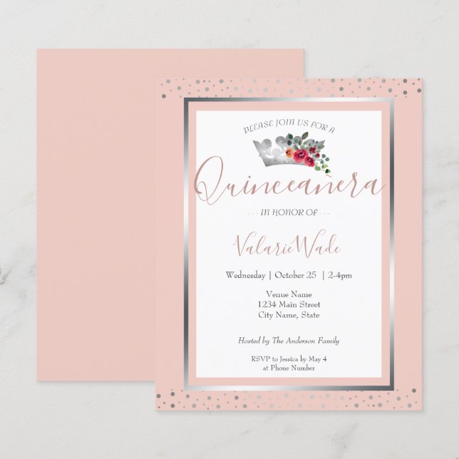 Papier Élégant Blush Pink Quinceanera Budget Invitation (Devant / Derrière)