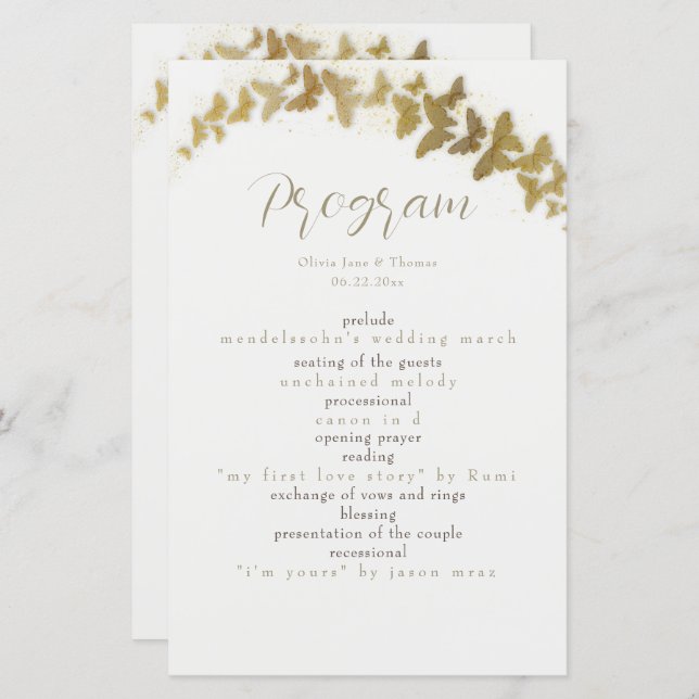 Papier Élégant Boho Chic Gold Butterflies Simple Mariage (Devant / Derrière)