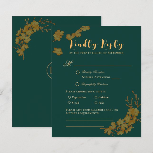 Papier Élégant budget Emerald Green & Gold Floral RSVP (Devant / Derrière)
