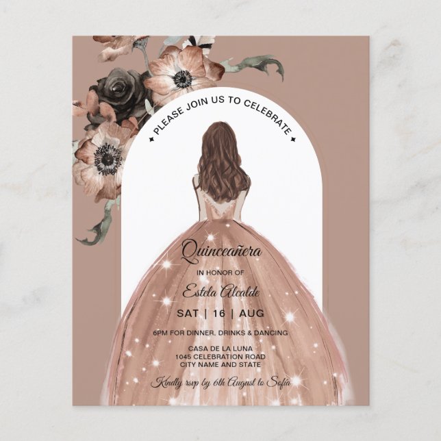 Papier Élégant budget Invitation rose de Quinceañera Flor (Devant)