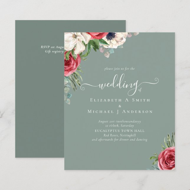 Papier Élégant budget Mariage rouge blanc bleu floral (Devant / Derrière)