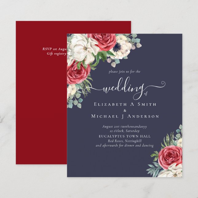 Papier Élégant budget Mariage rouge blanc bleu floral (Devant / Derrière)