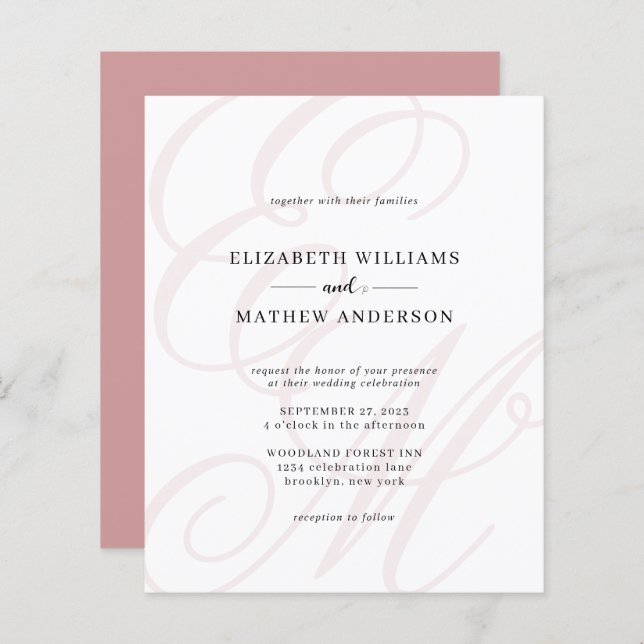 Papier Élégant budget Script Dusty Pink Monogram Mariage (Devant / Derrière)