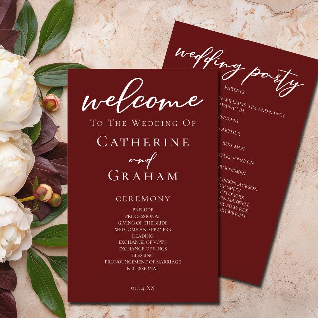 Papier Élégant Burgundy Script Soirée de Mariage Programm (Créateur téléchargé)