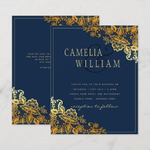 Papier Elégant classique dentelle d'or bleu mariage Invit