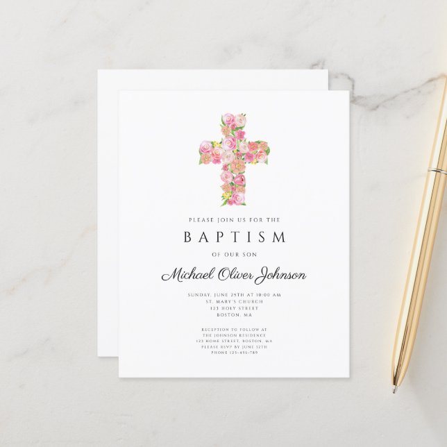 Papier Élégant culte floral rose croix Baptême (Devant/Arrière en situation)