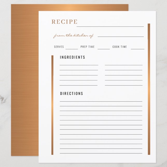 Papier Élégant de la cuisine de recette blanche or (Devant / Derrière)