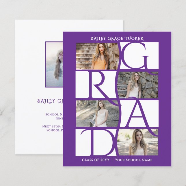 Papier Élégant diplômé 5-Photo Purple Invitation (Devant / Derrière)
