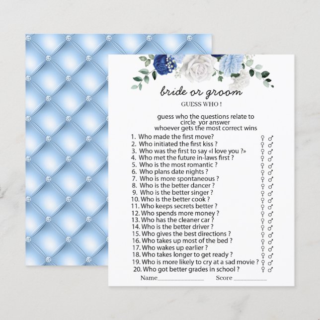 Papier Elégant Dusty Blue Floral marié ou marié jeux Pap (Devant / Derrière)