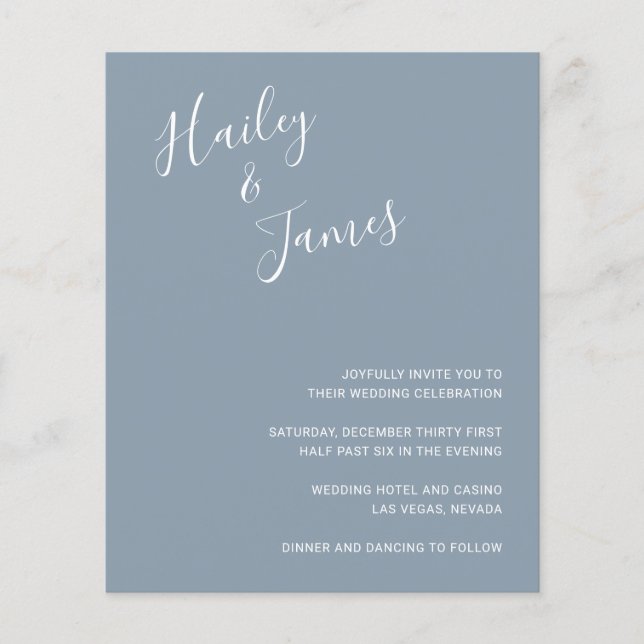 Papier Elégant Dusty Blue Moderne Budget Mariage Inviter (Devant)