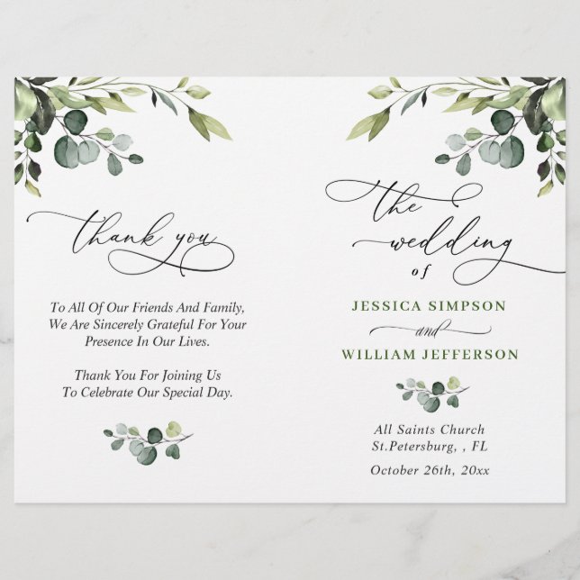 Papier Elégant Eucalyptus Watercolor Boho Wedding Program (Devant)