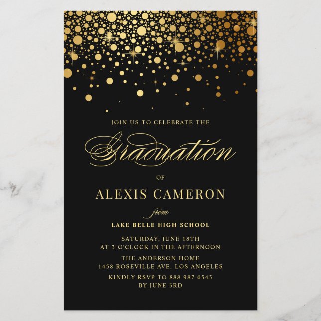 Papier Élégant Faux Gold Foil Black Invitation de graduat (Devant)