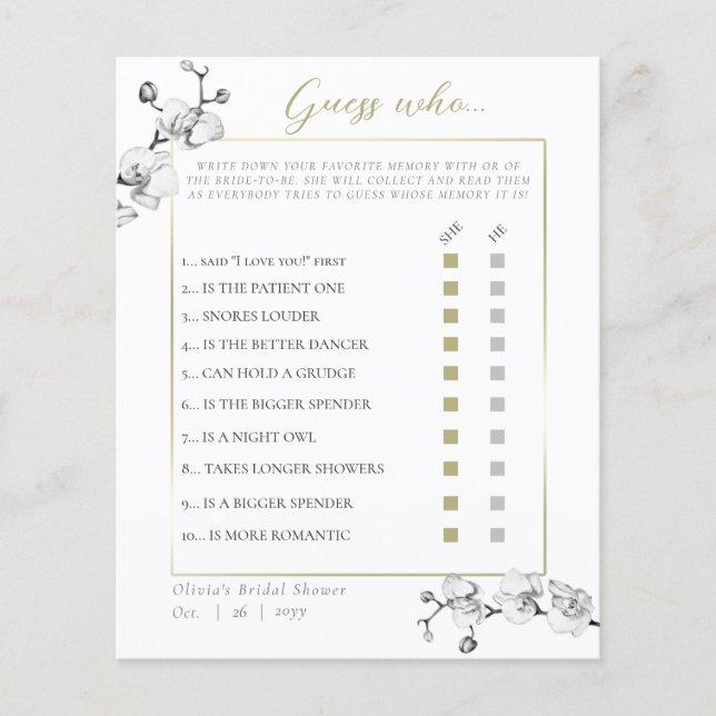 Papier Elégant Fête des mariées Frame Orchidée Devinez Qu (Devant)