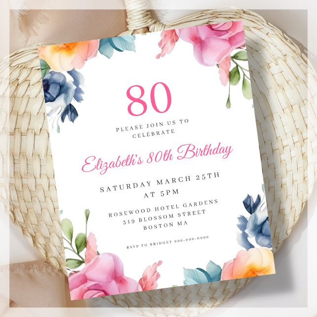 Papier Elégant Floral 80e Anniversaire Budget Invitation (Créateur téléchargé)