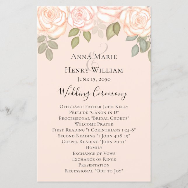 Papier Élégant Floral Blush Roses Simple Wedding Programm (Devant)