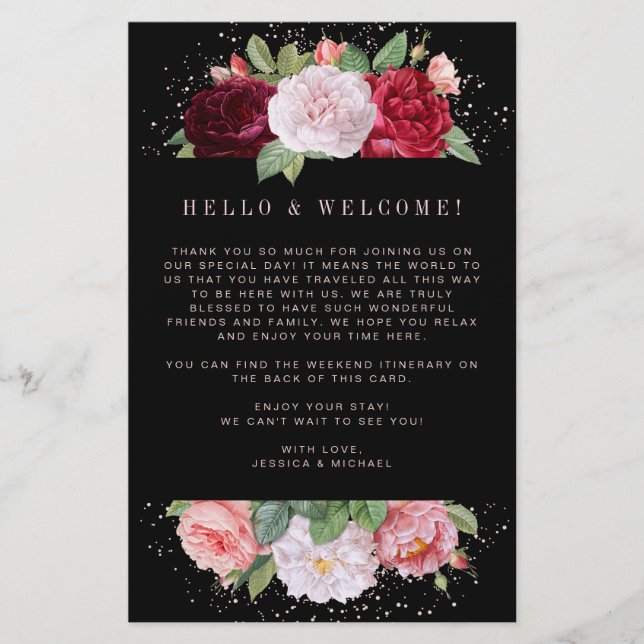 Papier Élégant floral noir Mariage accueil Itinéraire (Devant)