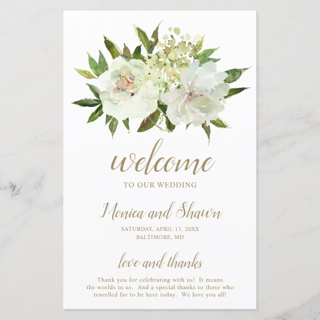 Papier Élégant Gold Blanc Floral Moderne Mariage Programm (Devant)