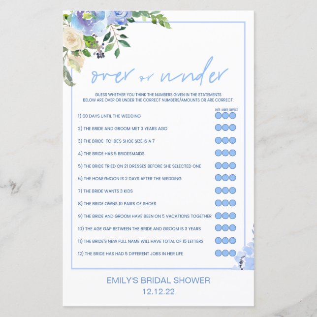 Papier Élégant jeu de Fête des mariées Floral Bleu Imprim (Devant)