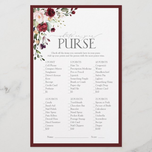 Papier Élégant jeu de Fête des mariées florale Burgundy B (Devant)
