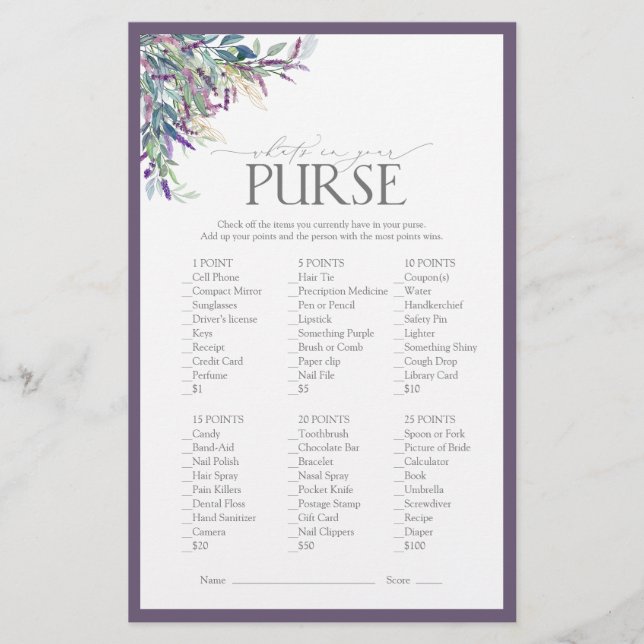 Papier Élégant Lavender Floral Fête des mariées Jeu (Devant)