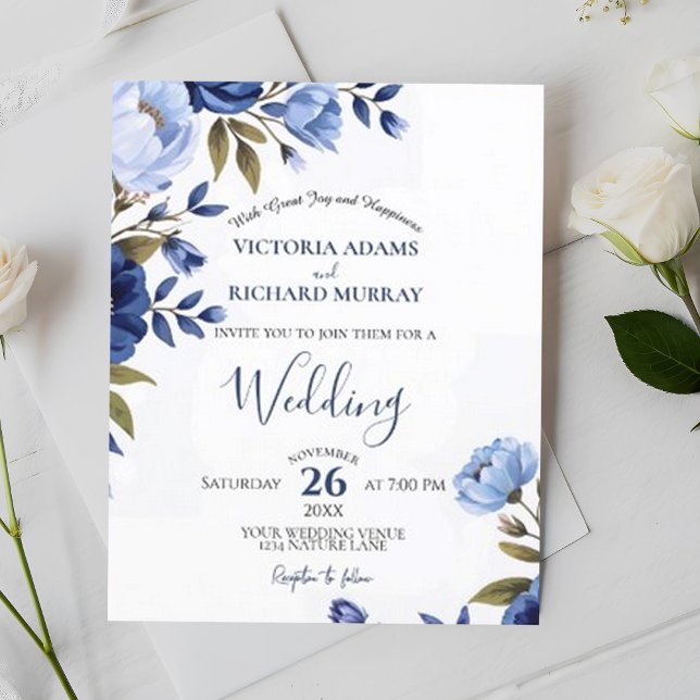 Papier Elégant Mariage de réception bleu bleu floral (Créateur téléchargé)