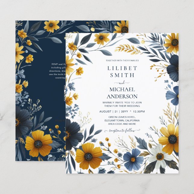 Papier Elégant Mariage floral bleu bleu jaune or marine (Devant / Derrière)