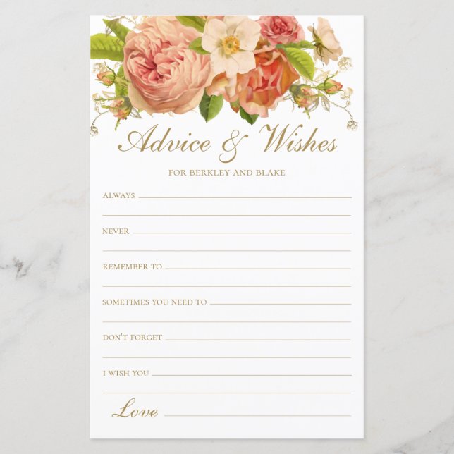 Papier Elégant Mariage Floral Conseils et souhaits (Devant)