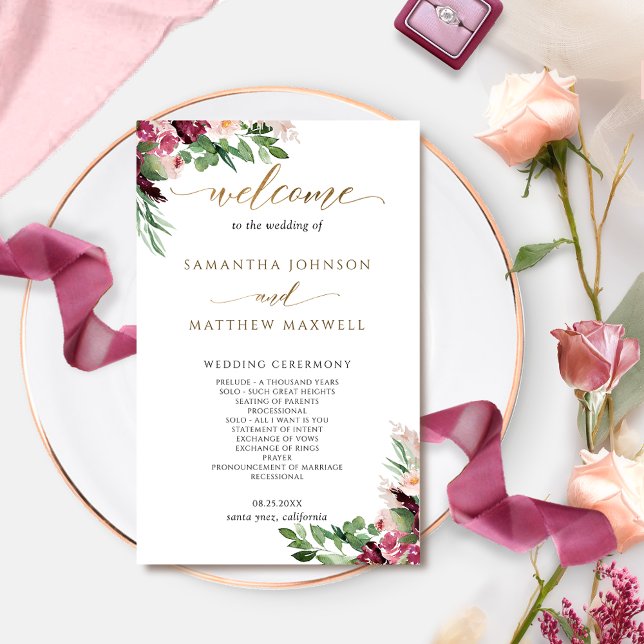 Papier Élégant Mariage floral de Bourgogne rose et bleu (Créateur téléchargé)