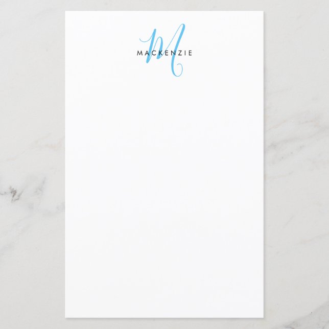 Papier Élégant Monogramme Moderne Blanc Bleu Ciel Script (Devant)