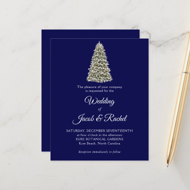 Papier Elégant Noël Arbre Bleu Budget Mariage Inviter (Devant/Arrière en situation)