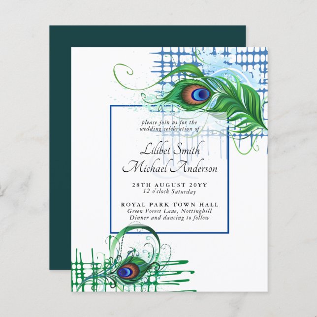 Papier Elégant PEACOCK FEATHER Mariage Inviter BUDGET (Devant / Derrière)