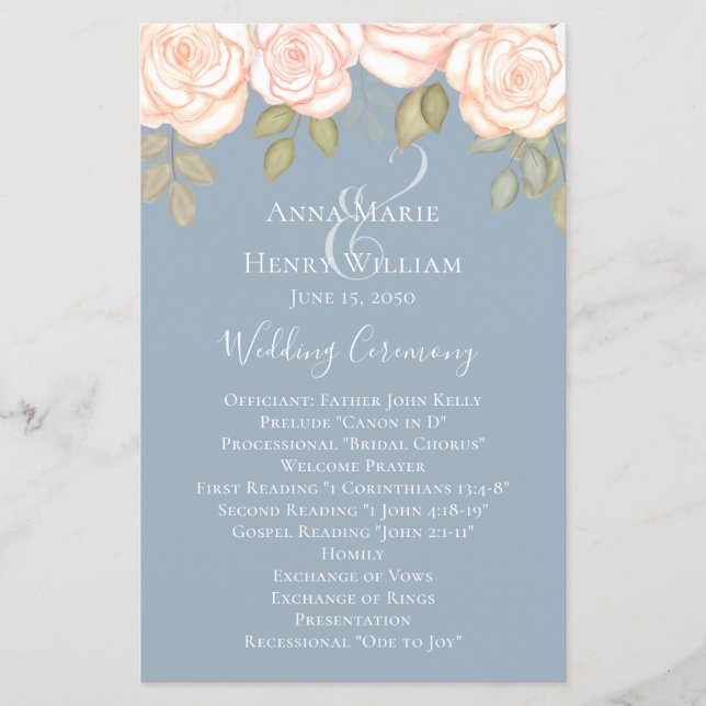 Papier Elégant Rose aquarelle Dusty Blue Wedding Programm (Devant)