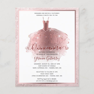 Papier Élégant Rose Budget Gold Quinceañera Invitation