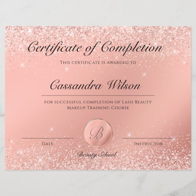Papier Élégant Rose de luxe Gold Beauty School Certificat (Devant)