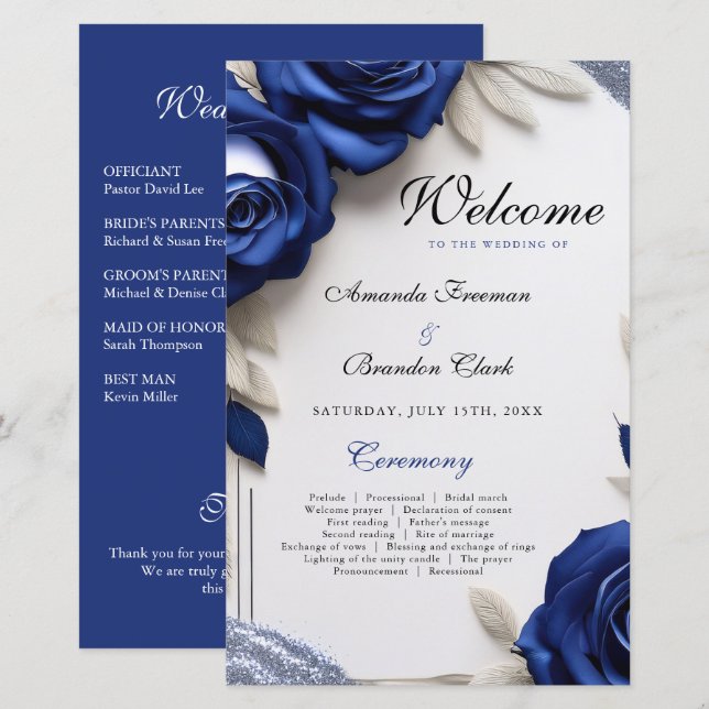 Papier Elégant Roses bleu marine et Mariage Parties scint (Devant / Derrière)