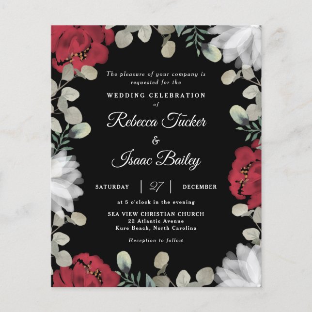 Papier Elégant Rouge Blanc Floral Vert Mariage Inviter (Devant)