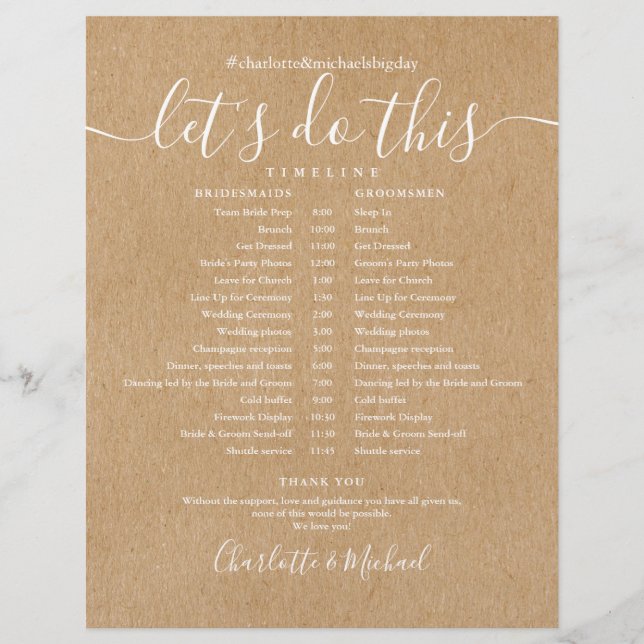 Papier Elégant Rustic Kraft Mariage Horaire (Devant)