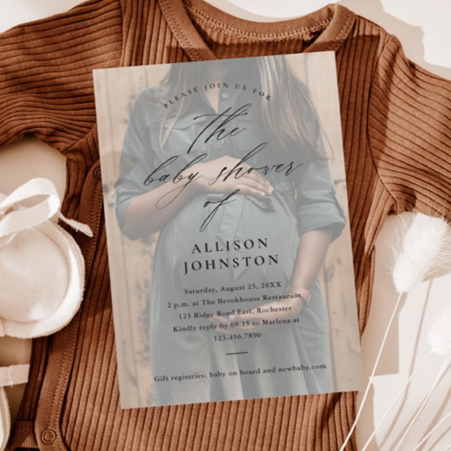 Papier Élégant Script Budget Photo Baby shower Invitation (Elegant script overlay budget photo baby shower invitations.)