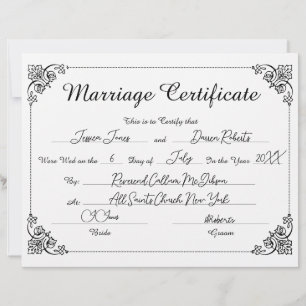 Papier Élégant Script Floral rempli certificat de mariage