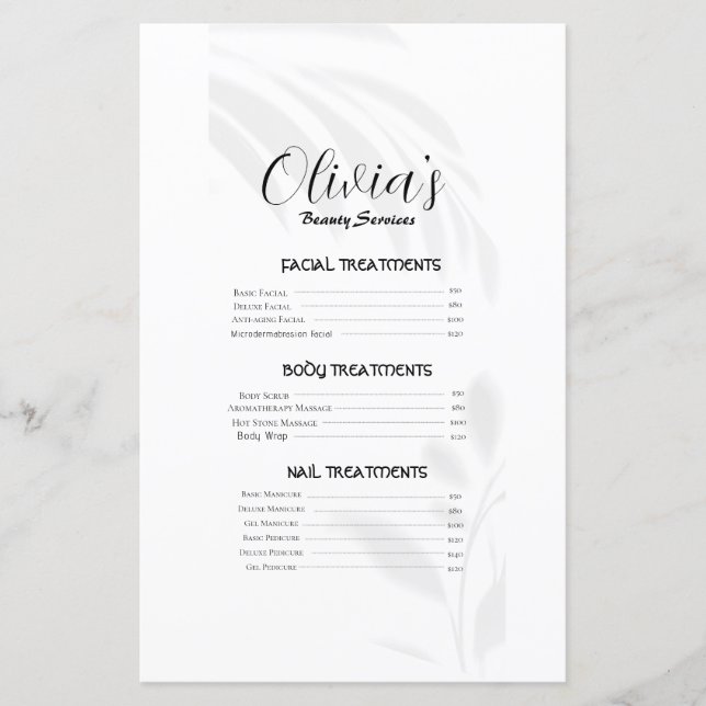 Papier Elegant Soft White Beauty Services Tarifs (Devant)